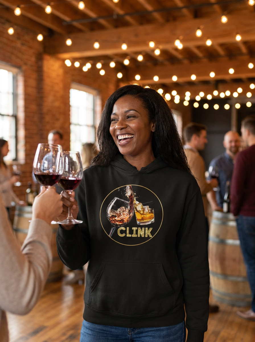 Woman wearing the black CLINK hoodie holding a glass of red wine at a wine tasting
