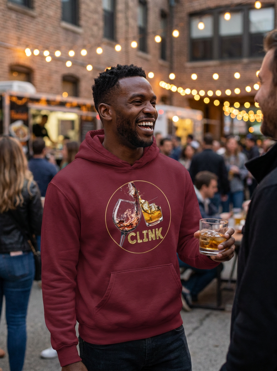 Man wearing the burgundy CLINK hoodie holding a whiskey at an evening festival